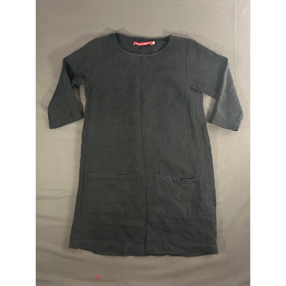 Pyne & Smith Black Linen Shift Tunic Dress 3/4 Sleeve Pockets XS Slow Fashion